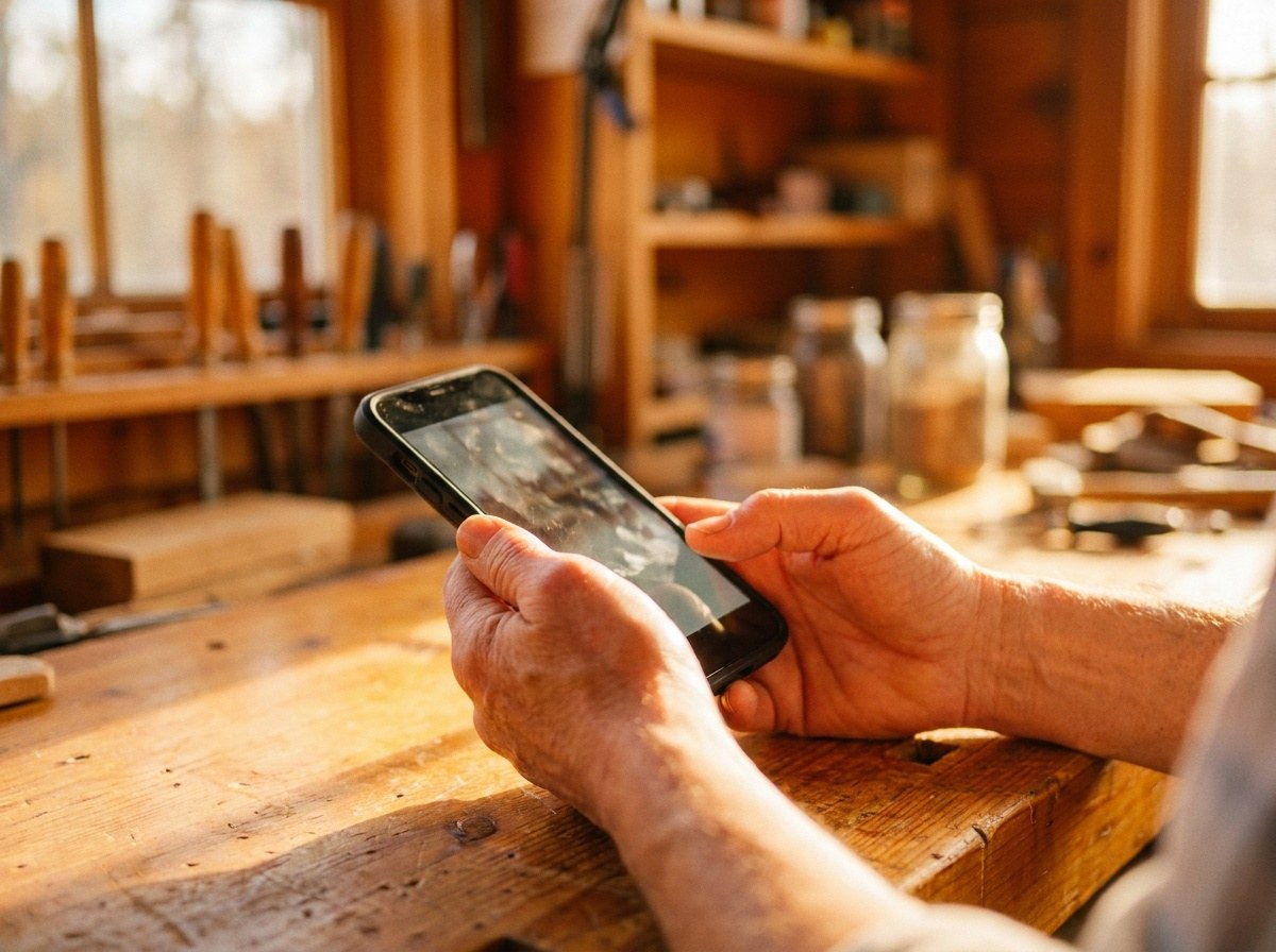 Hände tippen eine Nachricht am Telefon in einer dunklen Werkstatt